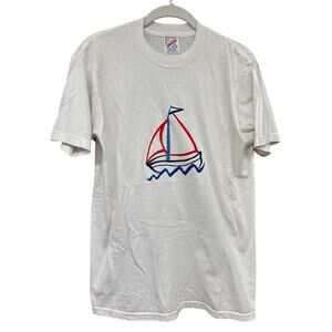 Vintage 80s Sailboat White Tee Shirt Red Blue Ocean Nautical Anchor Sailor Sea